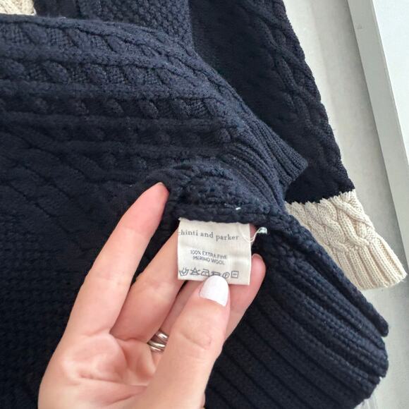 Chinti & Parker Navy Cream Heart Sz S Merino Wool Cable Knit Sweater Minimalist - Picture 3 of 11